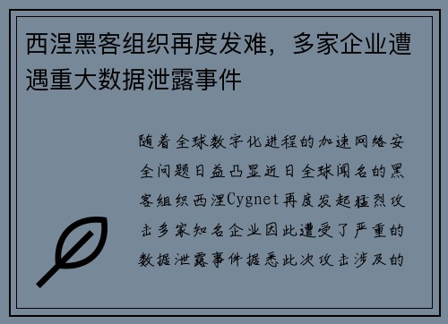 西涅黑客组织再度发难，多家企业遭遇重大数据泄露事件